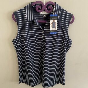 Pebble Beach Women's Navy and White Striped sleeveless polo.
